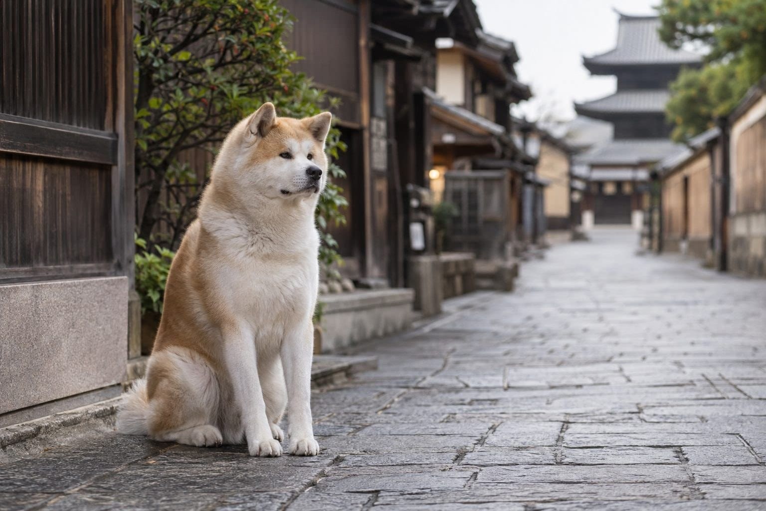 Un chien Akita Inu adulte assis seul dans une rue urbaine japonaise, attendant, regard tourné vers l'horizon