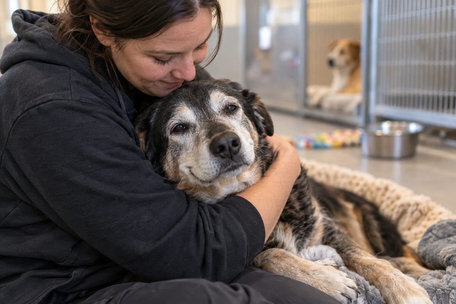 Un chien âgé heureux dans les bras affectueux d'une personne en refuge, moment de réconfort et sauvetage