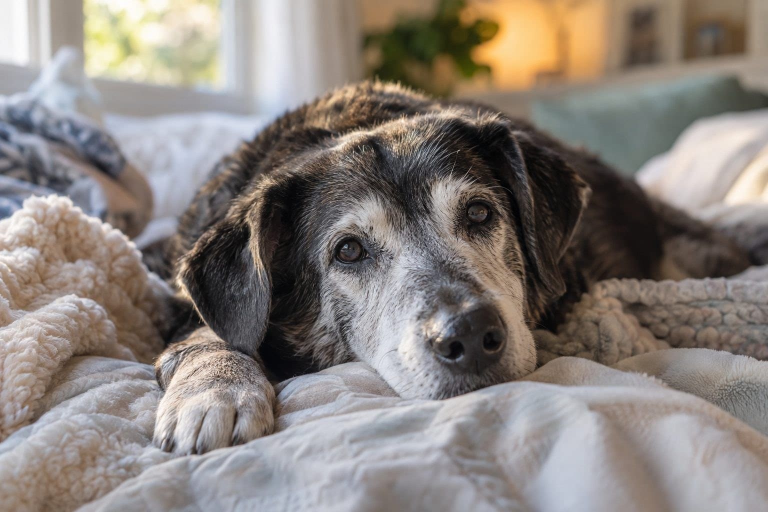 Portrait touchant d'un vieux chien senior fatigué, allongé sur un lit douillet
