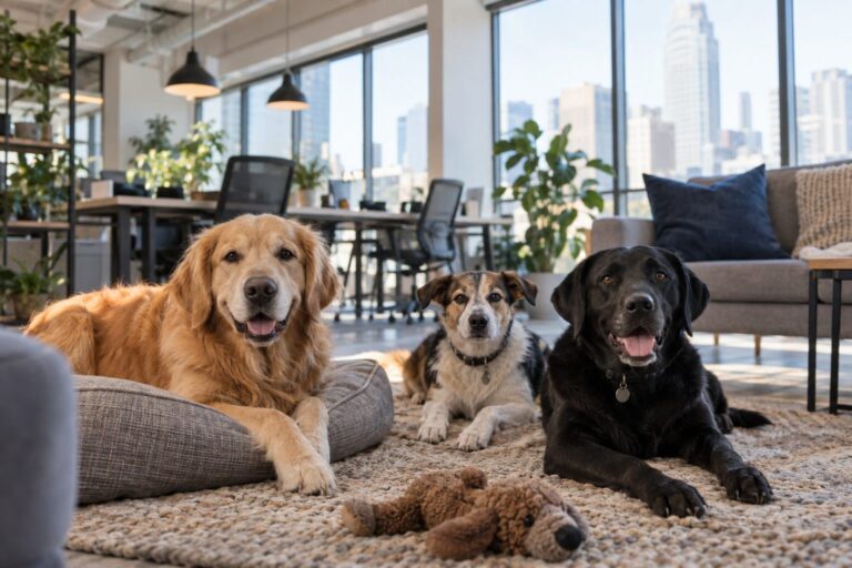 Des chiens de races variées détendus dans un espace de bureau moderne avec baies vitrées, symbole de l'intégration canine en entreprise