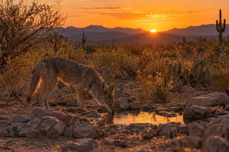 Un animal sauvage buvant paisiblement à une source d'eau naturelle dans son habitat désertique texan au coucher du soleil