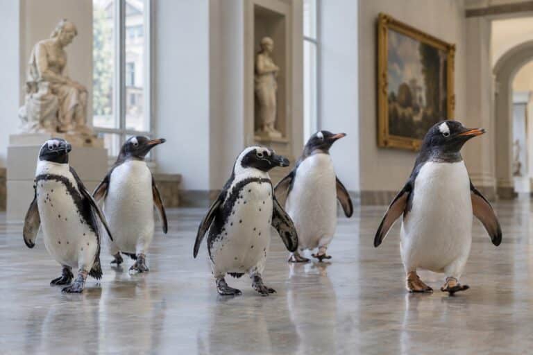 Groupe de manchots explorant les galeries vides d'un musée américain pendant le confinement