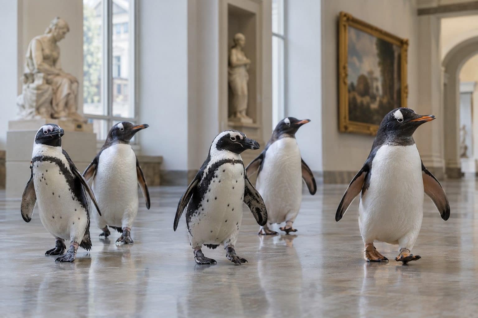 Groupe de manchots explorant les galeries vides d'un musée américain pendant le confinement