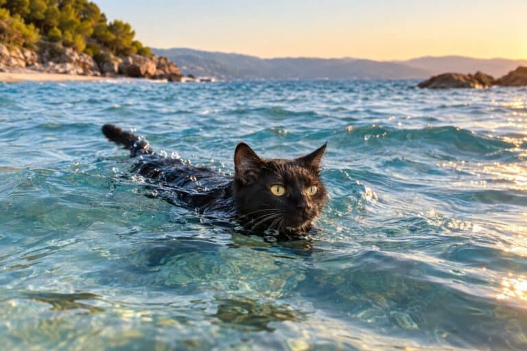 Un chat noir nageant dans la mer avec enthousiasme, la tête au-dessus de l'eau