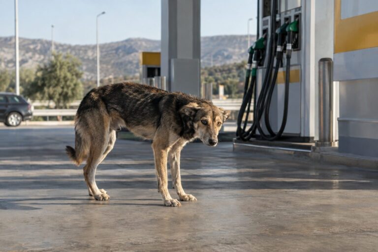 Arnie, un chien errant craintif et isolé dans une station-service en Grèce