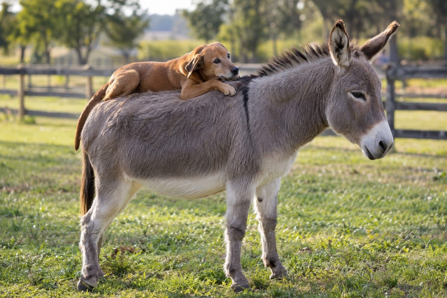 Un petit chien brun (Yoda) grimpant sur le dos d'une jeune ânesse grise (Lily) dans un sanctuaire américain