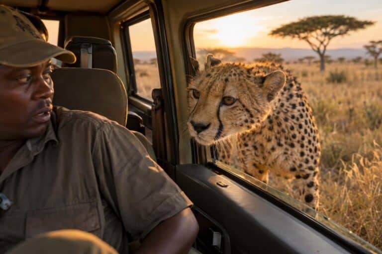Un guépard s'introduisant dans une jeep ouverte lors d'un safari en Tanzanie, passant sa tête par la fenêtre du véhicule