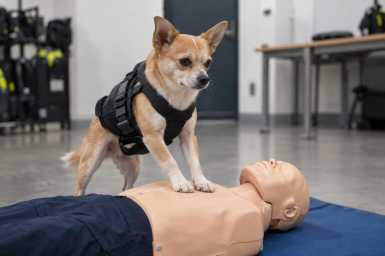 Poncho, un petit chien policier de Madrid effectuant un massage cardiaque sur un mannequin d'entraînement