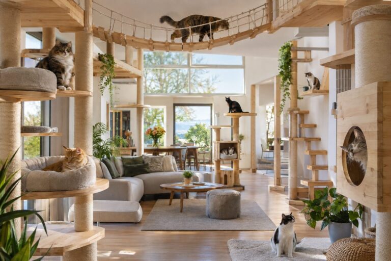 Un paradis intérieur aménagé pour les chats avec structures de jeu, passerelles et cachettes multi-niveaux dans une maison lumineuse