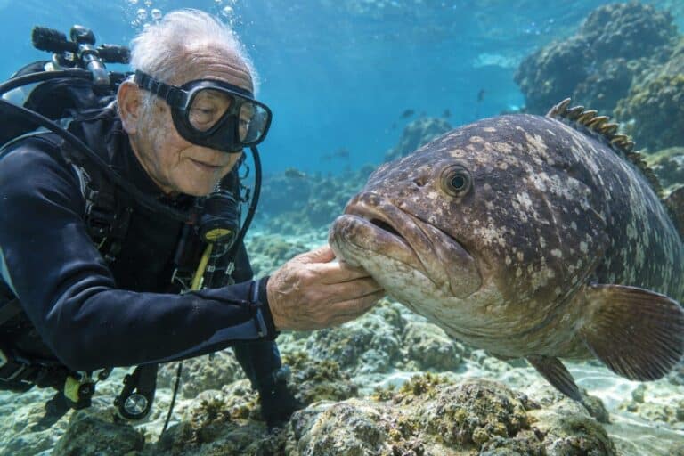 Un plongeur âgé caressant affectueusement un grand poisson dans les eaux de la baie de Tateayama au Japon