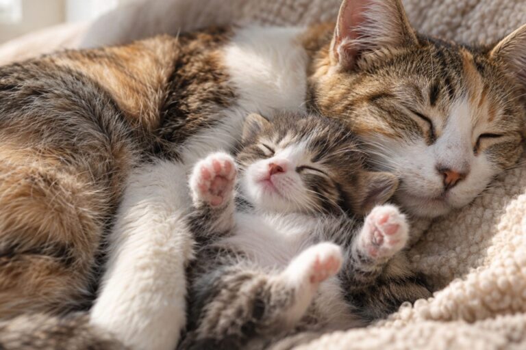 Un chaton de quelques semaines endormi contre sa mère, avec des petits mouvements de pattes comme s'il dansait