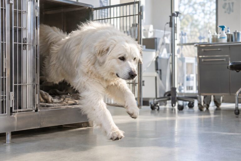 Un chien des Pyrénées blanc de grande taille s'échappant d'un box de pension pour animaux, montrant son désir de liberté et d'aventure