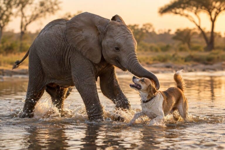 Un jeune éléphant africain et un petit chien jouant ensemble dans l'eau, se touchant affectueusement