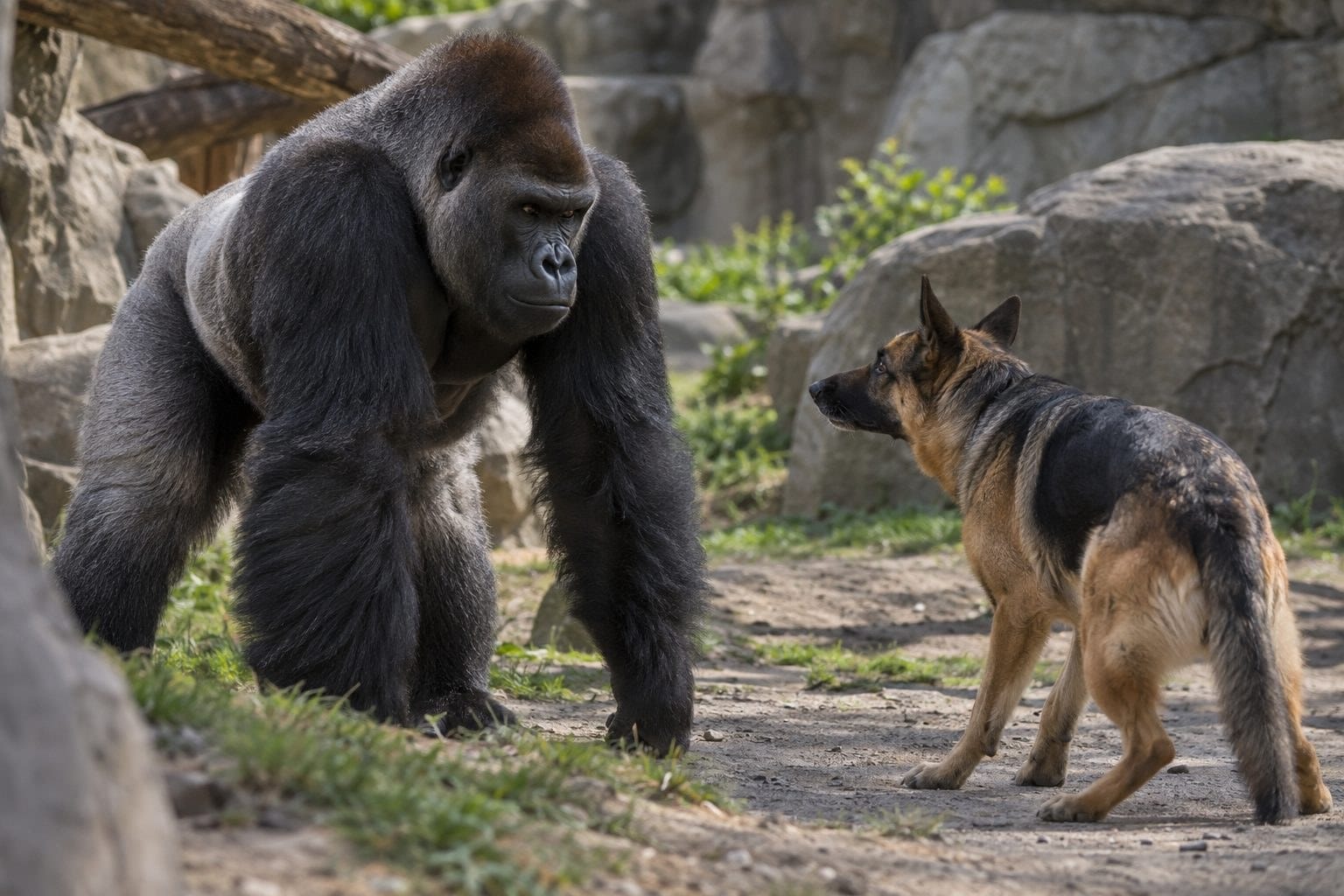 Un gorille des plaines occidentales observant intensément un berger allemand dans un enclos de zoo