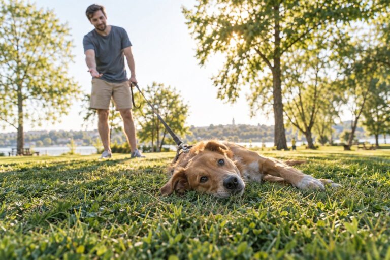 Une chienne heureuse refusant de quitter le parc par une belle journée d'été, allongée sur l'herbe avec son maître