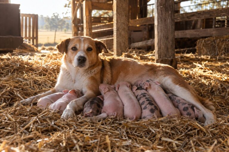 Treasure, une chienne marron clair, allongée tendrement avec 8 petits porcelets orphelins blottis contre elle dans une étable de ferme australienne