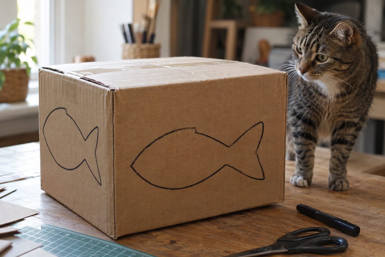 Boîte en carton avec contours de formes de poisson dessinés au feutre sur tous les côtés