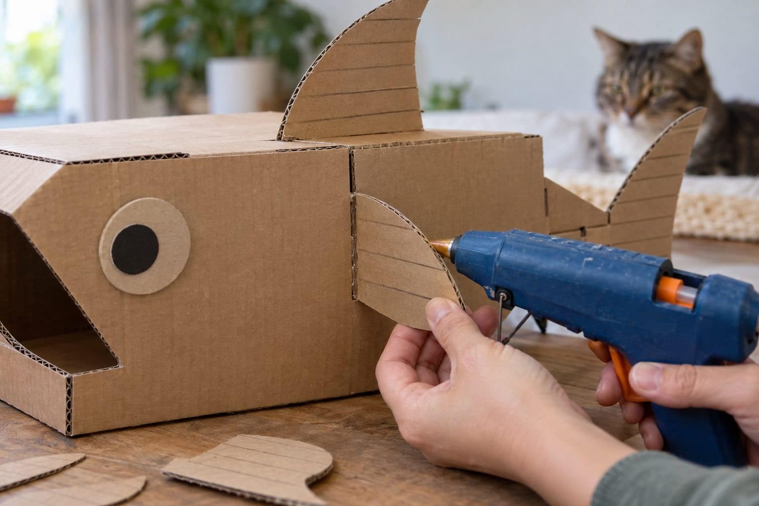 Insertion et collage des nageoires latérales dans les entailles de la boîte