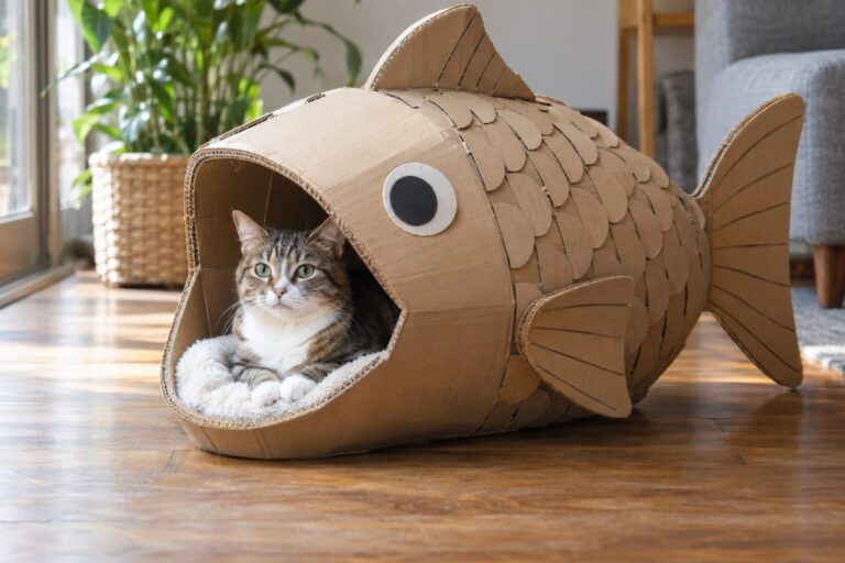 Niche pour chat en forme de poisson en carton terminée, décorée et prête à l'emploi