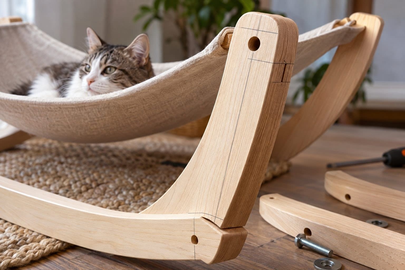 Marques de mesure sur les pieds de bois pour la construction du hamac