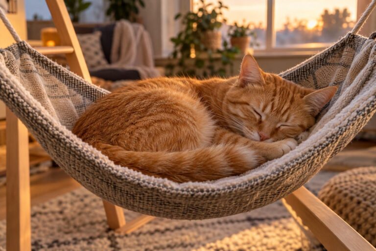 Chat roux dormir confortablement dans un hamac suspendu