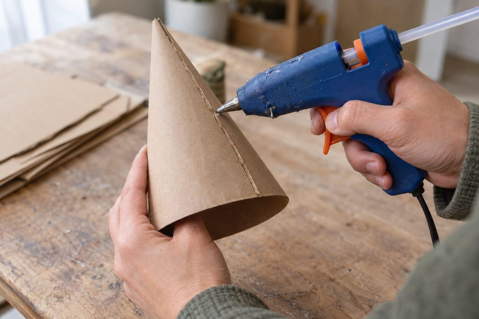 Découpe et assemblage des morceaux de carton en cône
