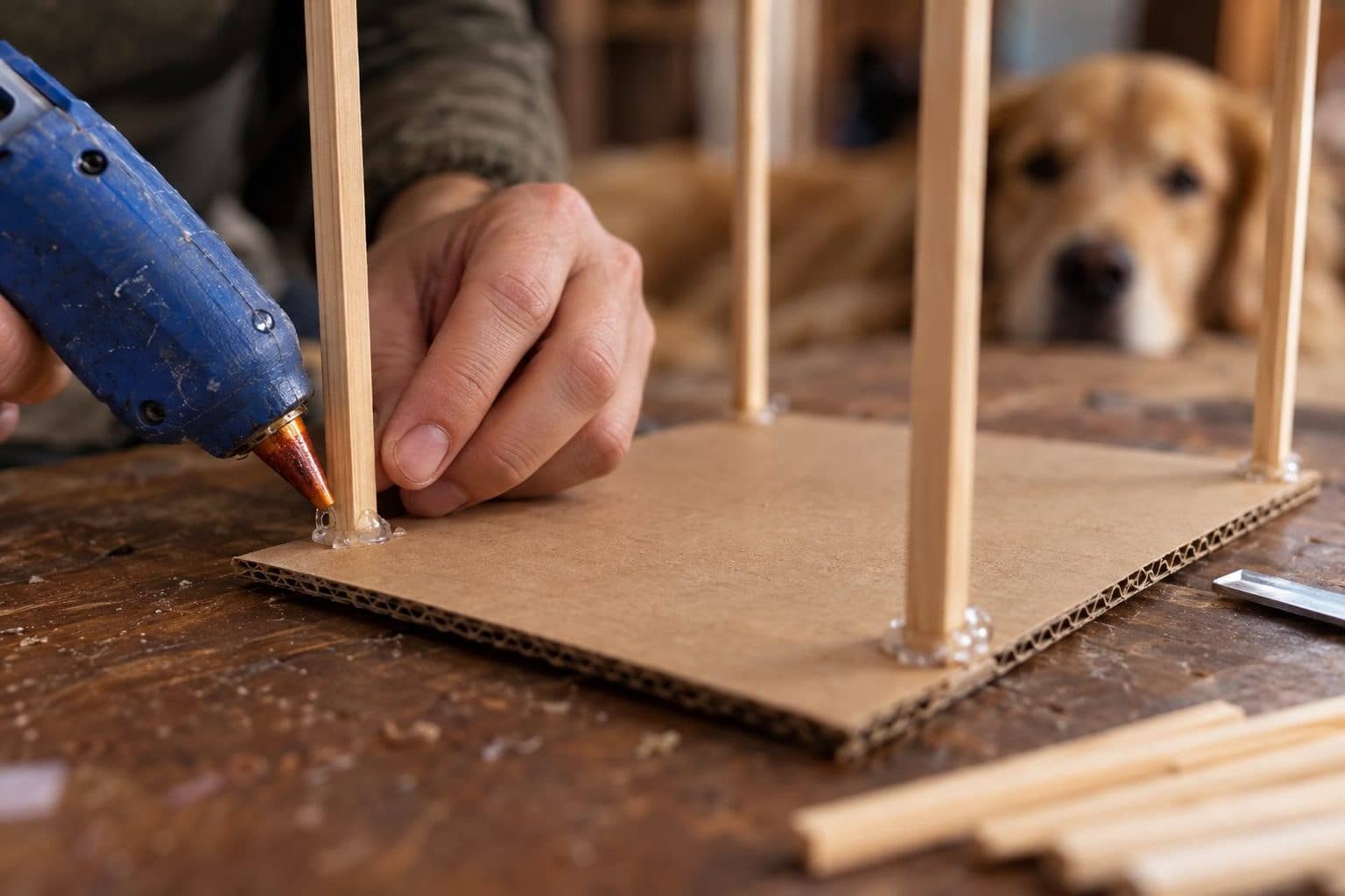 Fixation des bouts de bois sur le carton rectangulaire
