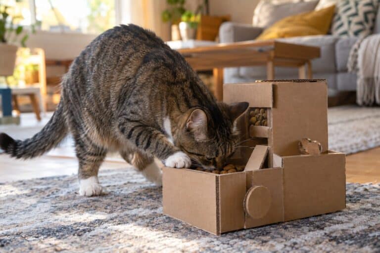Chat mangeant à partir du distributeur de croquettes en carton
