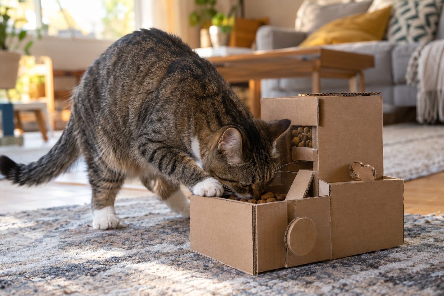 Chat mangeant à partir du distributeur de croquettes en carton