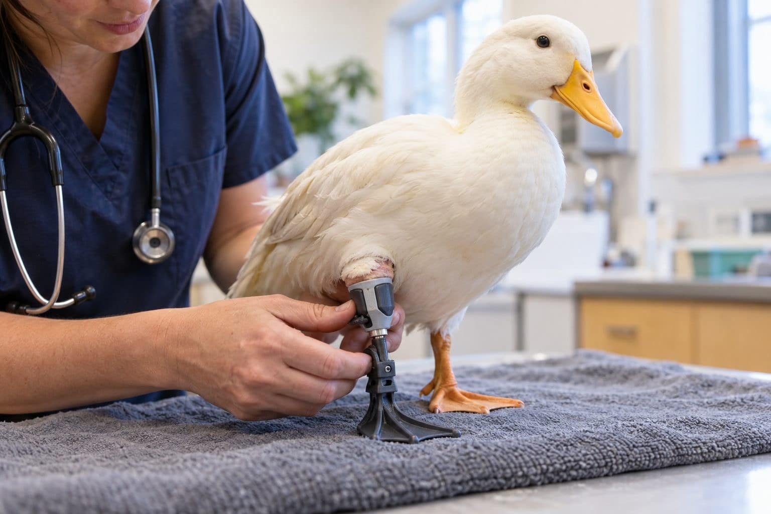 Un canard (Anas platyrhynchos domesticus) reçoit une prothèse en 3D sur sa patte manquante dans un centre vétérinaire