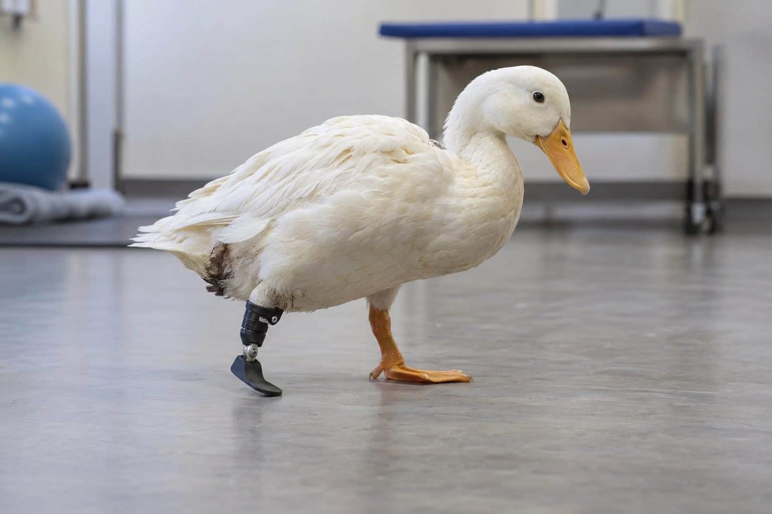 Un canard domestique avec prothèse 3D fait ses premiers pas prudents sur le sol d'une salle de réhabilitation