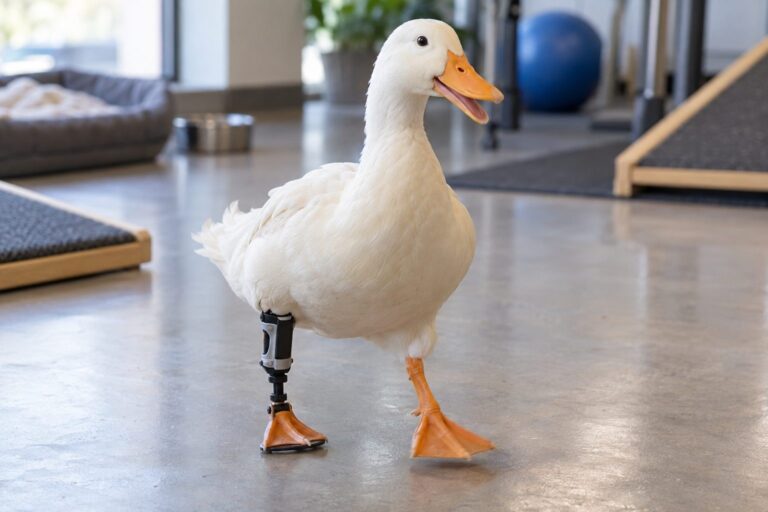 Un canard (Anas platyrhynchos domesticus) marchant avec assurance grâce à sa prothèse 3D en mouvement
