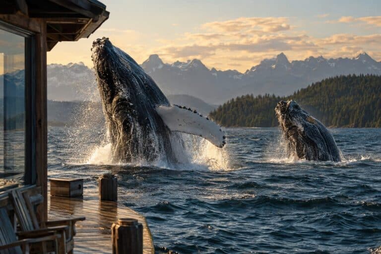 Deux baleines à bosse (Megaptera novaeangliae) émergent près d'un chalet flottant au Canada