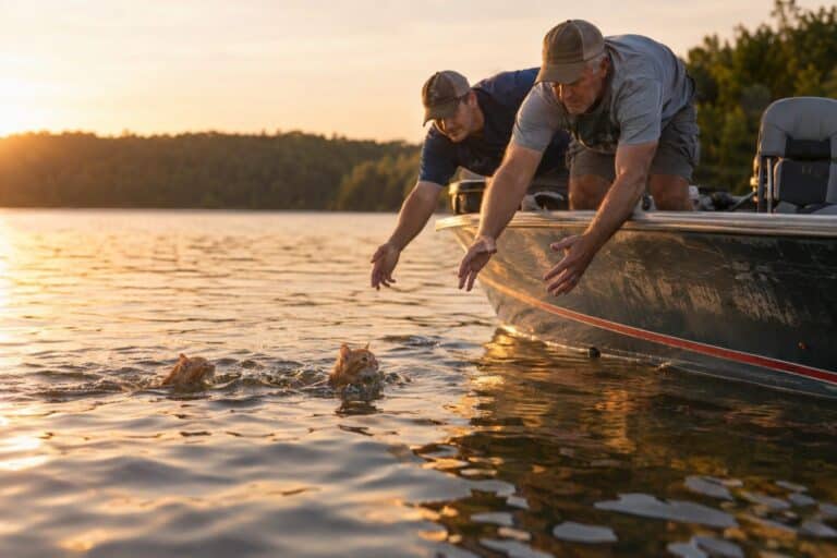 Deux chatons roux nageant dans l'eau d'un lac vers un bateau de pêche avec deux pêcheurs