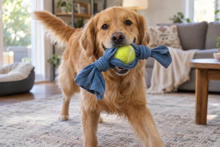 Un chien jouant avec un jouet fait maison composé d'une balle de tennis insérée dans un t-shirt noué