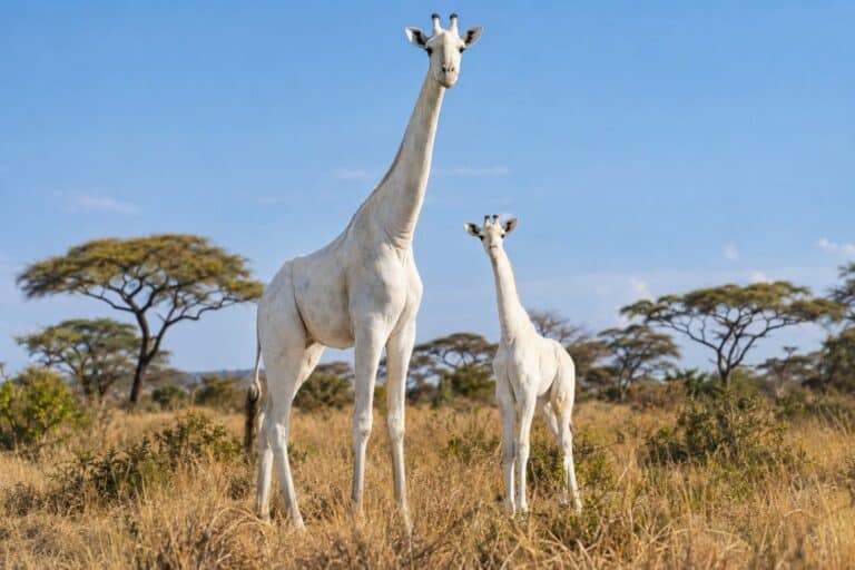 Une girafe blanche adulte avec son girafon blanc dans la savane kenyane