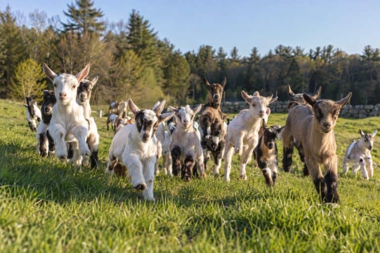 Une horde de bébés chèvres (chevreaux) courant ensemble dans un pré, vus de face en plan large