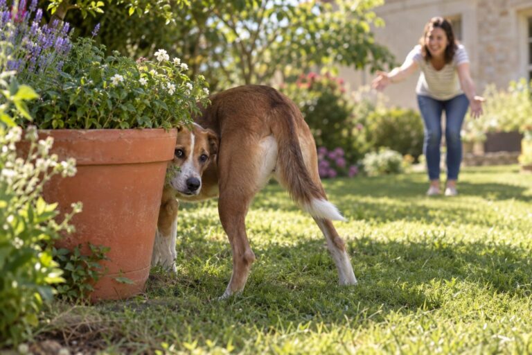 Une chienne de race mixte se cachant maladroitement derrière un petit pot de fleurs en terre cuite dans un jardin, avec ses pattes et son arrière-train visibles, son maître visible en arrière-plan l'appelant