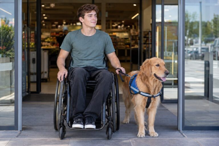 Un jeune homme en fauteuil roulant avec son chien d'assistance Golden Retriever à l'entrée d'un supermarché Carrefour