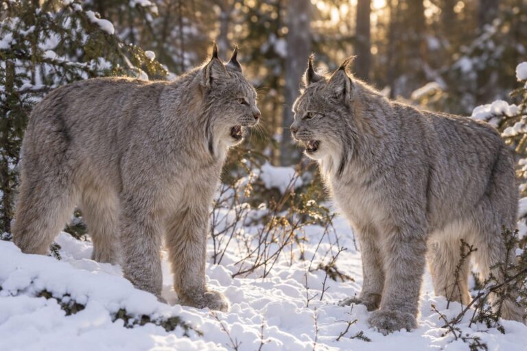 Deux lynx du Canada en interaction vocale rapprochée dans la nature sauvage de l'Ontario