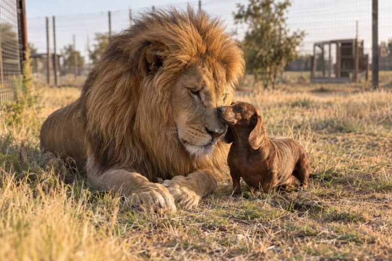 Bonedigger le lion et Abby le teckel ensemble au Greater Wynnewood Animal Park en Oklahoma