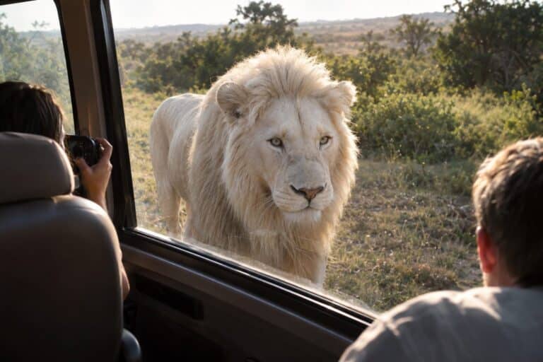 Un lion blanc (Panthera leo, morphe leucistique) s'approchant d'un minibus de safari en Afrique du Sud, vue de près depuis l'intérieur du véhicule