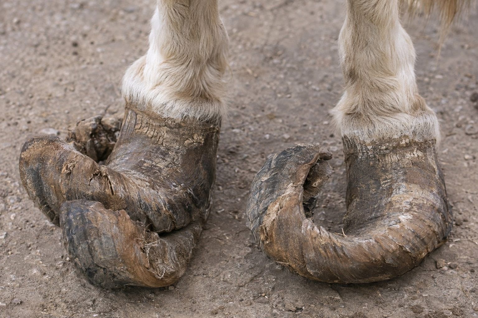 Gros plan des sabots déformés et enroulés sur eux-mêmes d'un poney négligé