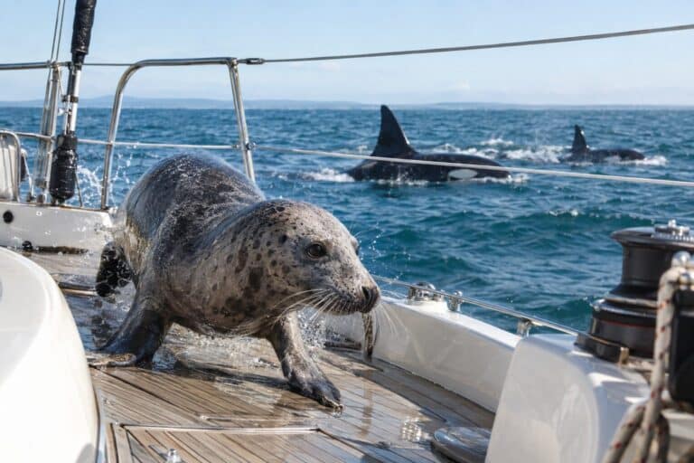 Un phoque gris (Halichoerus grypus) sautant désespérément sur le pont d'un bateau de plaisance en bois, fuyant un groupe d'orques visibles dans l'eau turquoise en arrière-plan