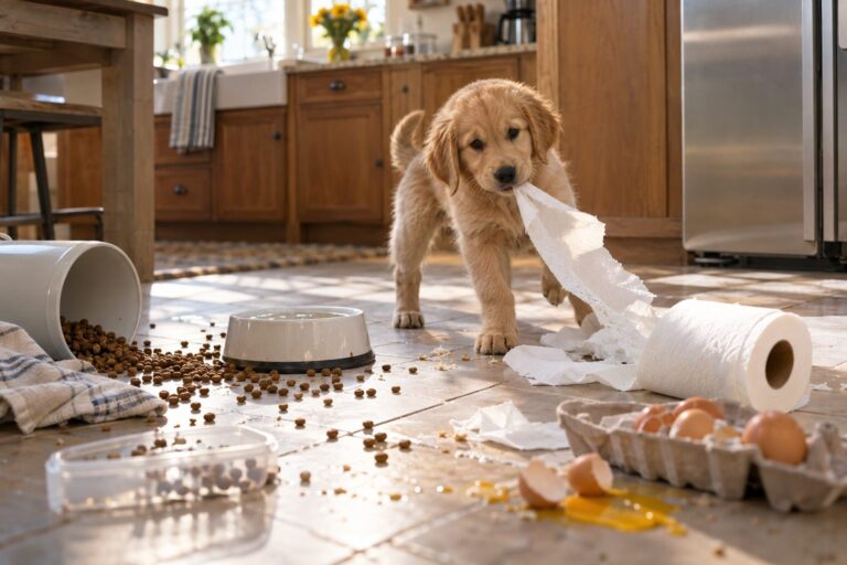 Un chiot en train de faire du désordre dans une cuisine domestique pendant le petit-déjeuner, avec des aliments renversés et des objets éparpillés
