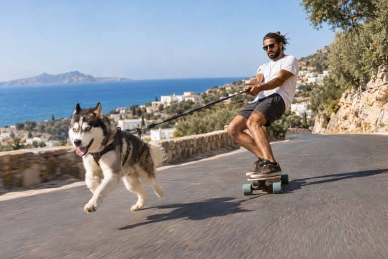 Un skateur grec sur une longboard tiré à grande vitesse par un husky gris et blanc en Grèce méditerranéenne