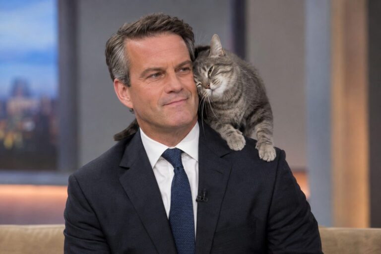 Un chat gris tabby grimpant sur les épaules d'un homme en costume lors d'une interview télévisée, le chat frottant sa tête contre la joue de l'homme impassible