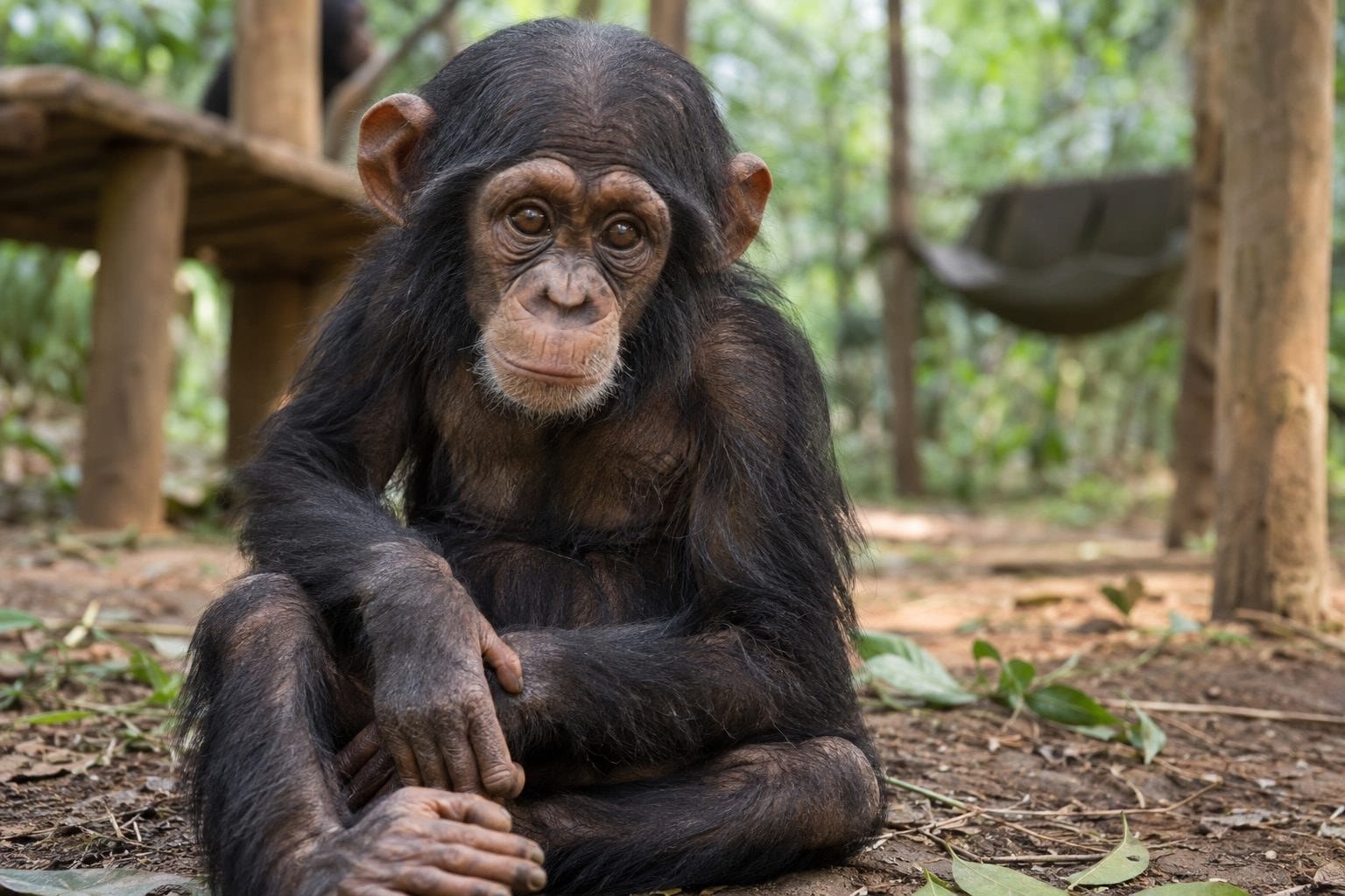 Un jeune chimpanzé orphelin, traumatisé, assis seul dans un environnement de sauvetage