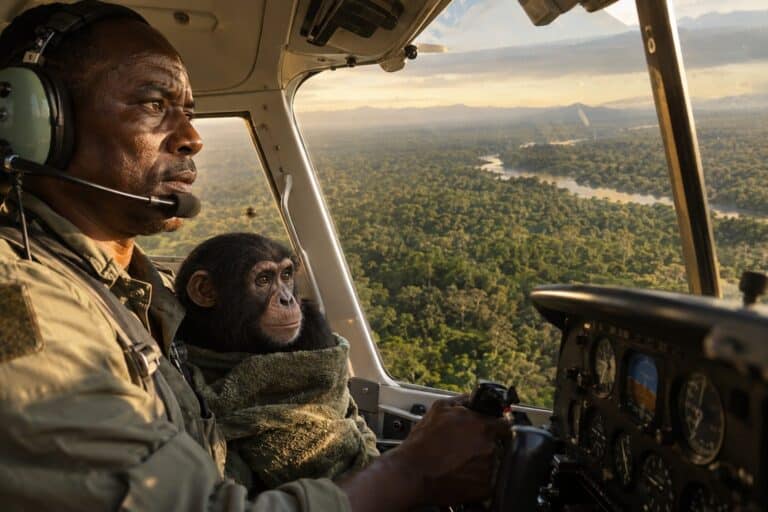 Un pilote dans le cockpit d'un petit avion en vol au-dessus de la jungle congolaise