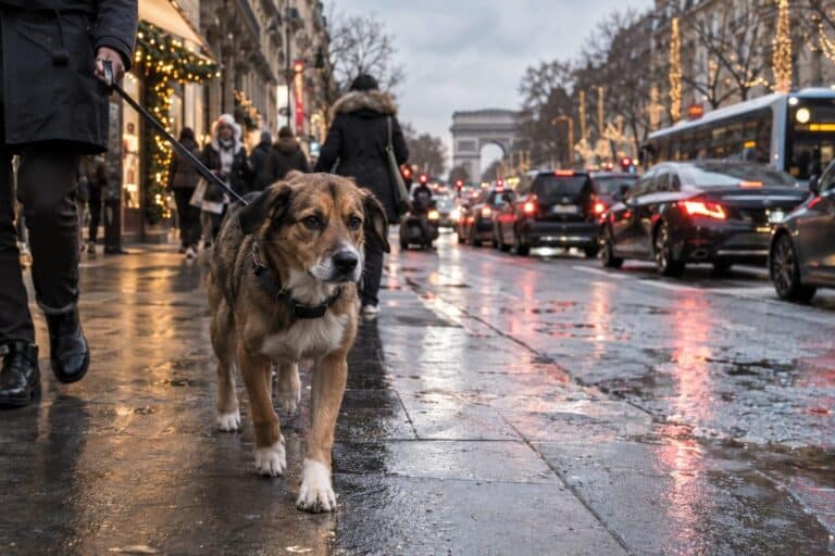 Chien en laisse traversant un boulevard parisien bondé pendant la période de Noël, avec circulation dense et décorateurs illuminées